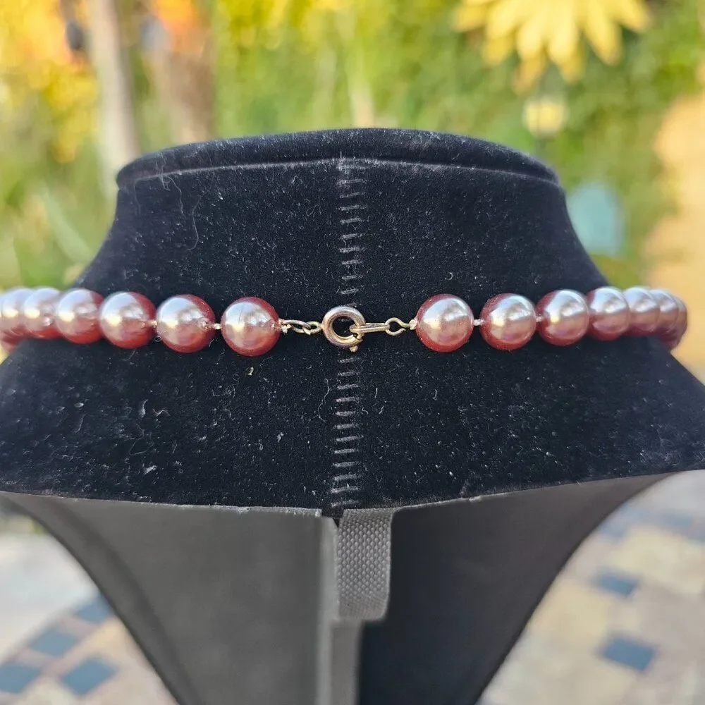 Vintage Mid Century Rose Gold Glass Faux Pearl Necklace